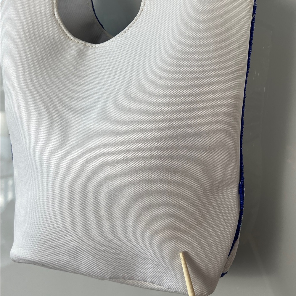 Hand-Beaded Blue & White Tropical Bird Resort Tote | Coastal Chic Like New - Picture 9 of 15
